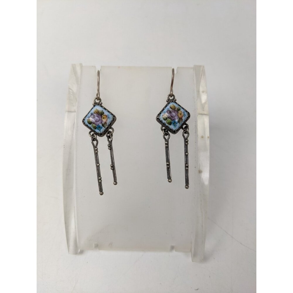 Vintage Finift Jewelry Set Floral Painting USSR Russia Pendant Necklace Earrings - Picture 2 of 13